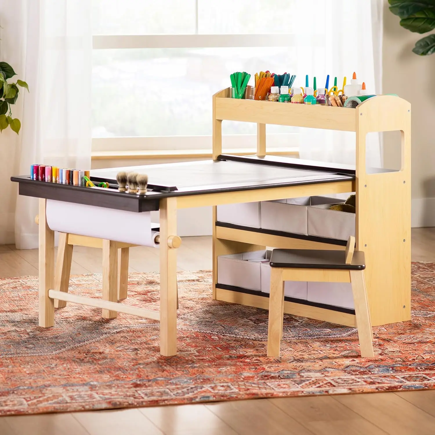 Deluxe Art Center: Kids' Montessori Art Table and Chairs Set with Storage Shelves, 6 Fabric Bins, Paper Roll |, Customized