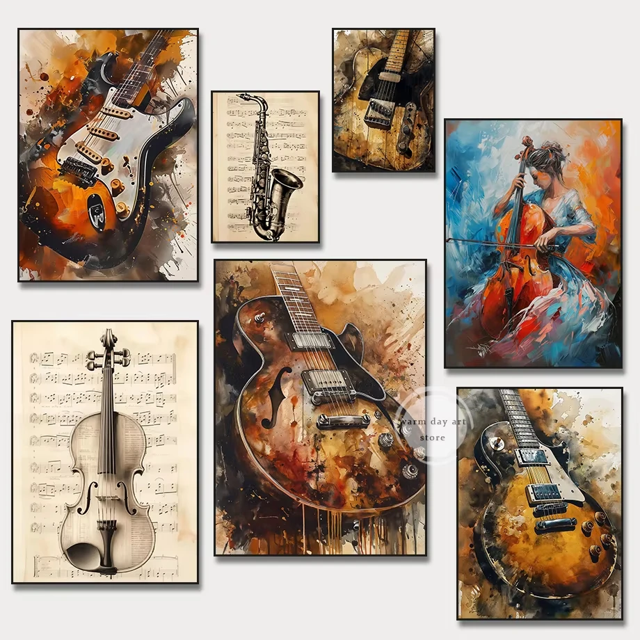 Graffiti moderno, guitarra eléctrica, pintura en lienzo, arte abstracto, violonchelo, violín, estética, póster de música de pared para decoración de la habitación del hogar