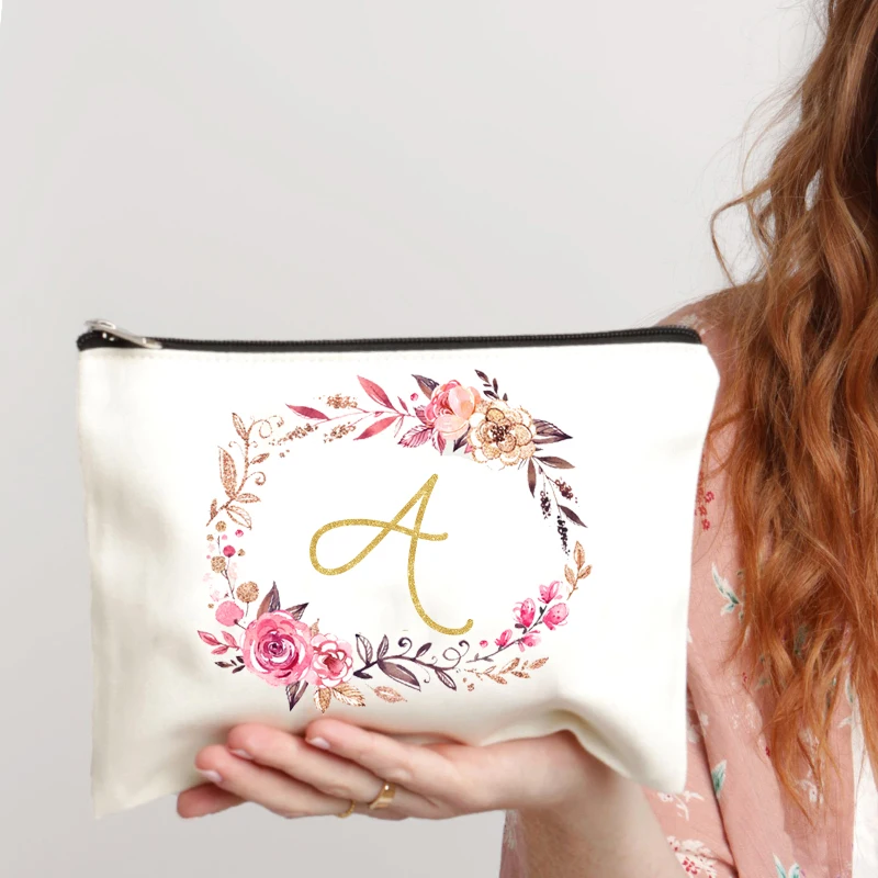 Wreath Letters Print Monogram Makeup Bag Best Gift for Friend Bridesmaid Teacher Pencil Case Bolsa Female Cosmetic Bag Organizer