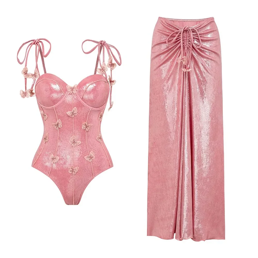 2024 Pink Shiny Embroidered Butterfly One Piece Swimsuit and Split Skirt Push Up Swimwear Monokini Bodysuit Bathing Suit