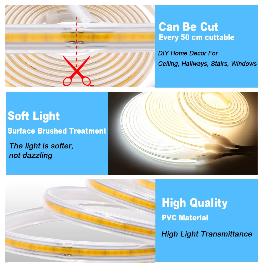 10/5/4/3/2m 220V COB Led Strip Light With Power Plug 288LED/m Super Bright Waterproof CRI 90 Linear Lighting Flexible Ribbon