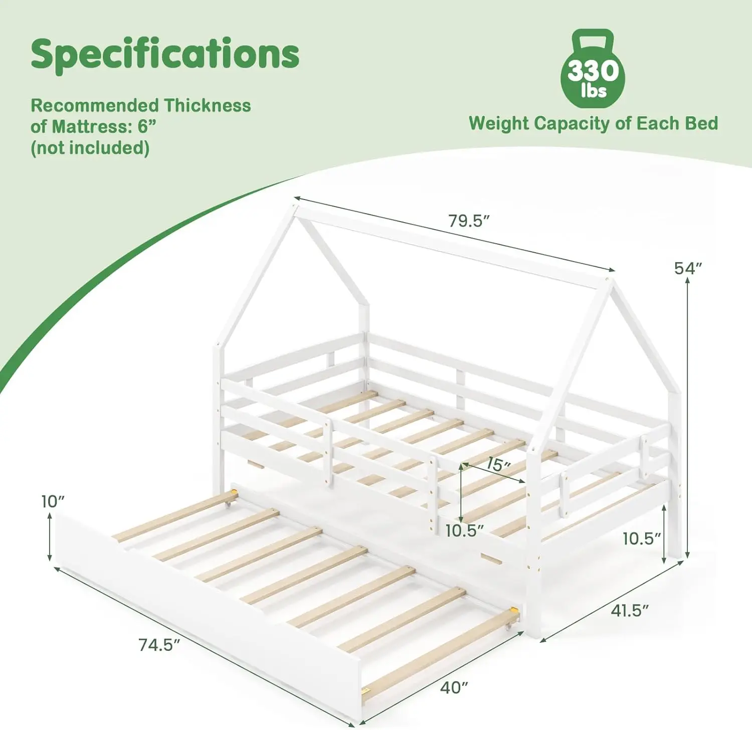 Cama de casa de tamanho duplo KOMFOTT com rodízio, estrutura de cama de madeira com trilhos de segurança e telhado decorável, estrutura de cama de plataforma de casa para crianças,