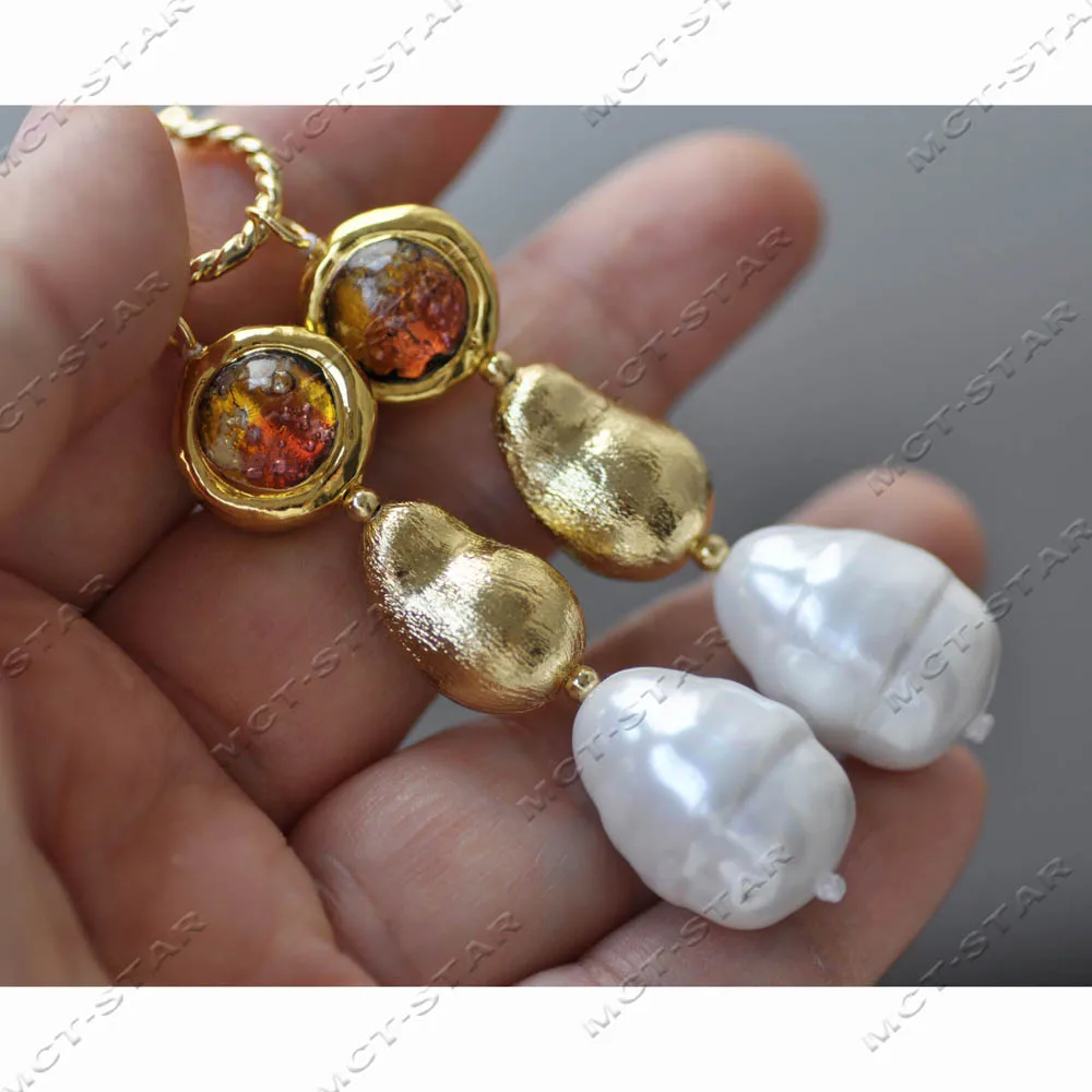 MTC·STAR 3'' 30mm White Shell Pearl Gourd Blue Murano Glass Dangle Earring (Z14574)