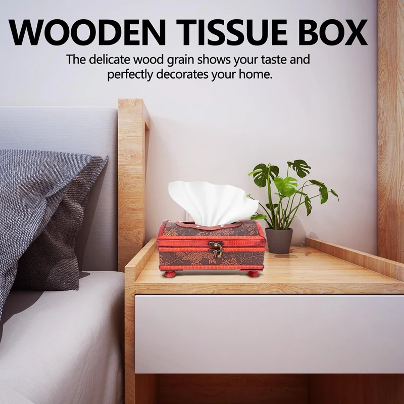 Retro Vintage Copper Ring Pattern Wooden Paper Tissue Box Holder Decor New:Retro Red-AT35