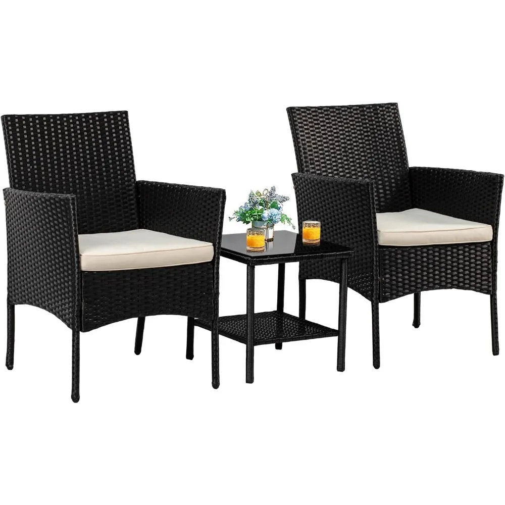 

Verbena 3-Piece Patio Bistro, Outdoor Rattan Chairs Wicker Conversation Set for Backyard, Porch, Poolside, Lawn, Black