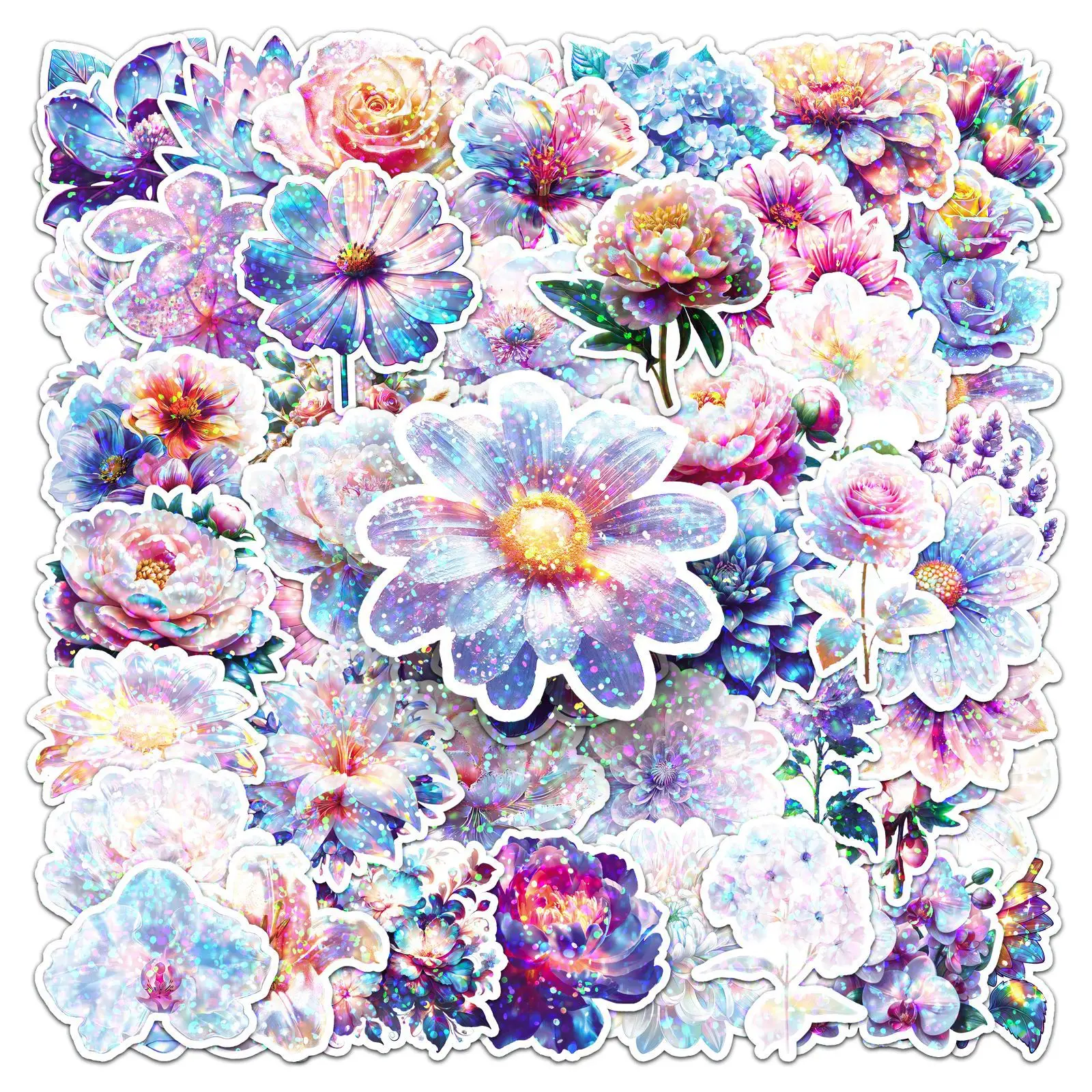

50PCS Laser Style Cartoon Colorful Flowers Plant INS Style Graffiti Stickers Creative DIY Refrigerator Laptop Waterproof Decals