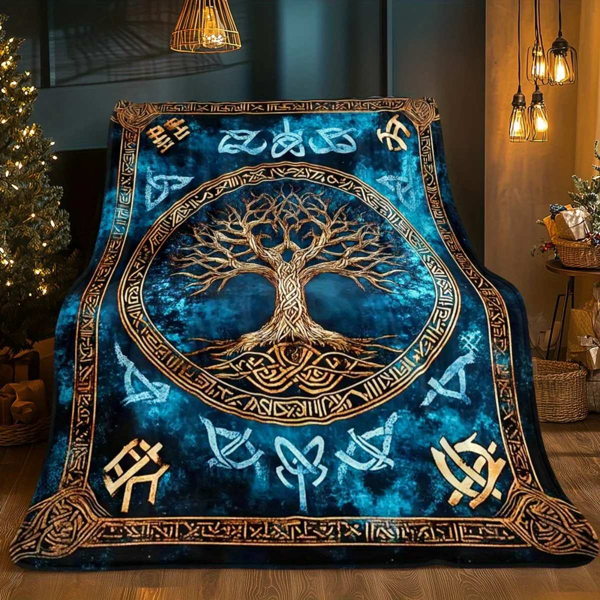 1pc Viking Style Tree of Life Print Portable Blanket - Lightweight Flannel Throw for Sofa Bed Travel Camping Livingroom Office C