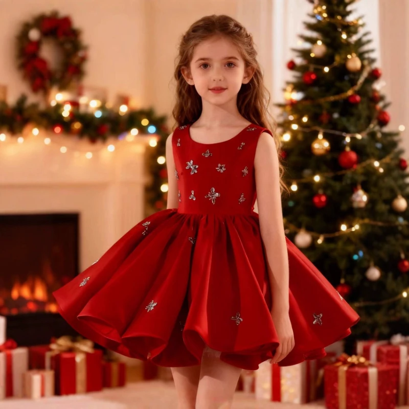 Red Girls Dress Eid Kids Clothing Performance Fashion Princess Gown Children Host Performance Formal Party Celebration Costume