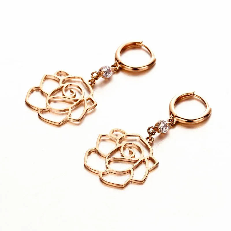 585 purple gold plated 14K rose gold earrings for women openwork fine rose set with diamonds eardrop wedding jewelry