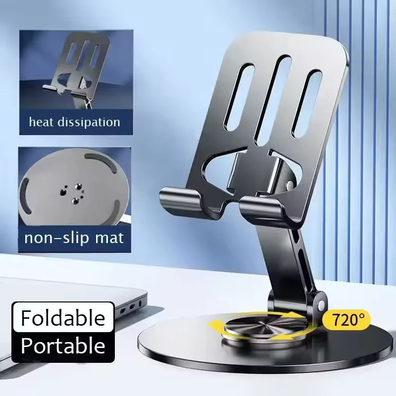 720 °   Support de tablette portable en alliage d'aluminium rotatif pour iPad, support de bureau pliable et flexible réglable, support de téléphone portable pour diffusion en direct