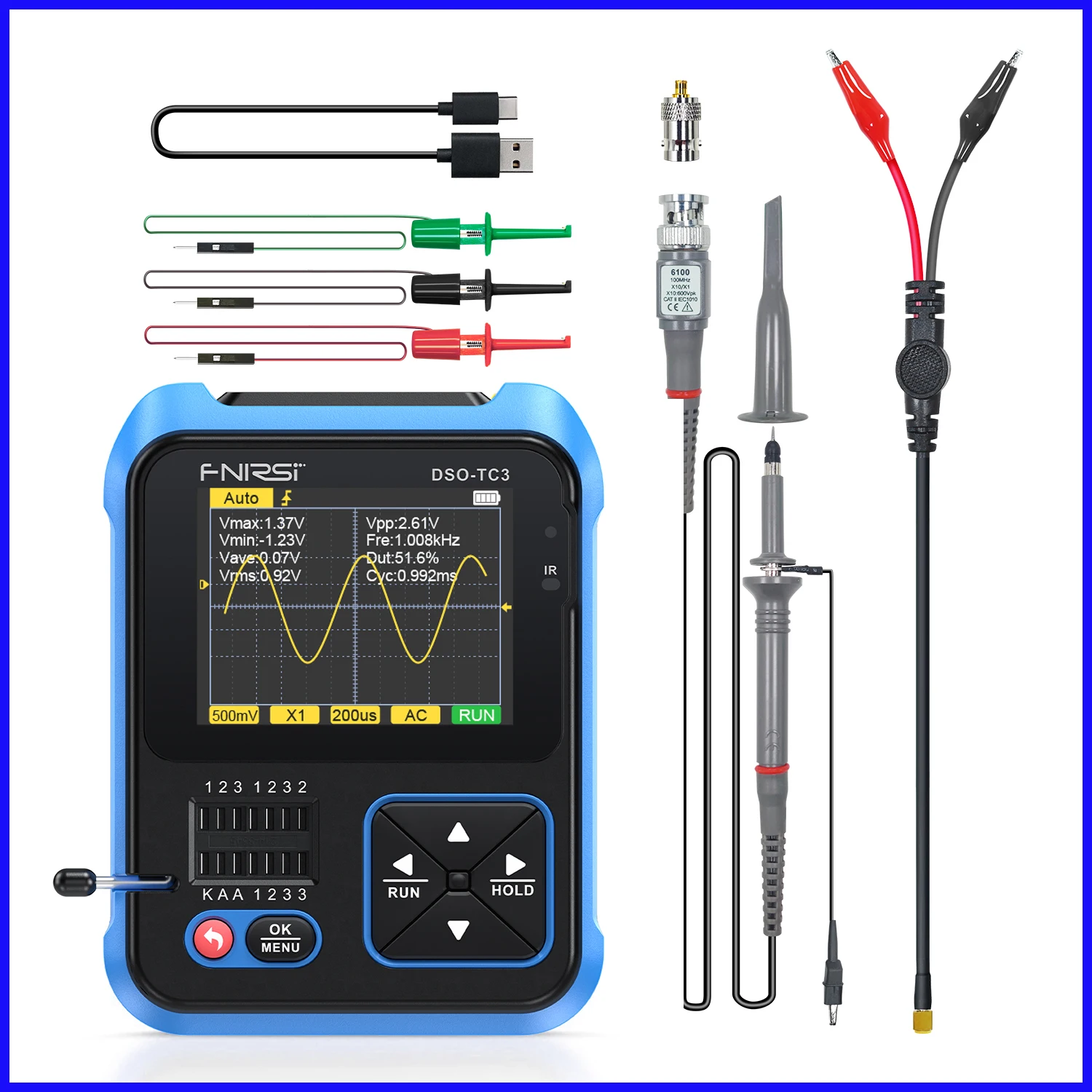 FNIRSI DSO-TC3 osciloscopio Digital probador de transistores función generador de señal 3 en 1 probador de componentes electrónicos multifunción
