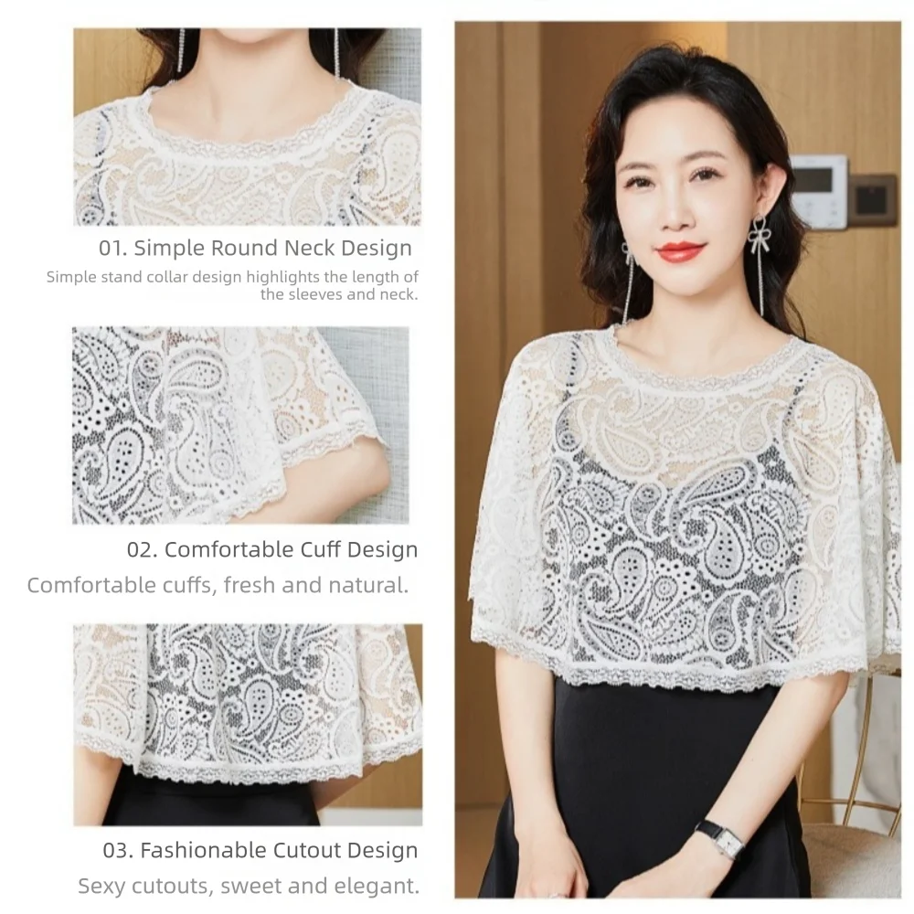 Fashion White Black Floral Lace Shawl Breathable Thin Bridal Cape Sun Protection Hollow Out Crochet Flower Poncho
