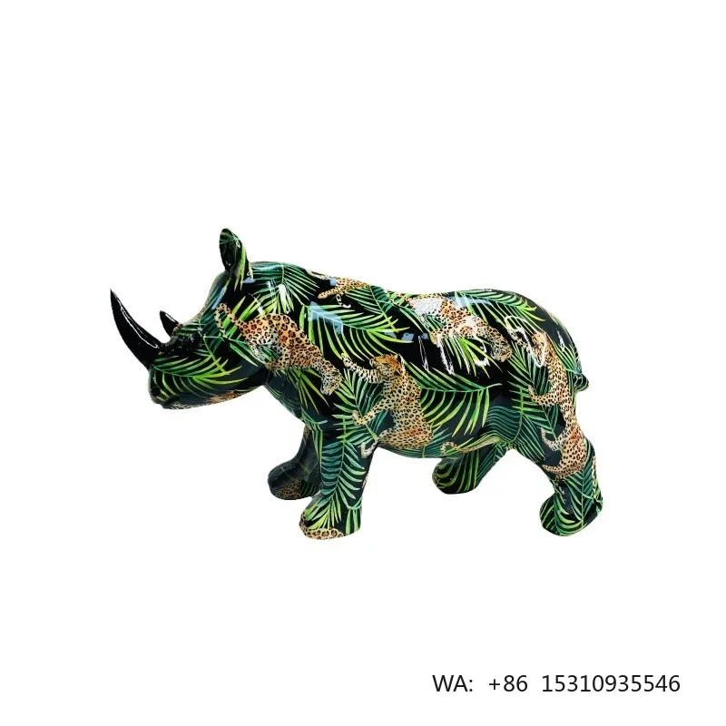 Modern Creative  Animal Ornament Colorful Resin Rhino Statue for Home Decor Water Transfer Printing Statue