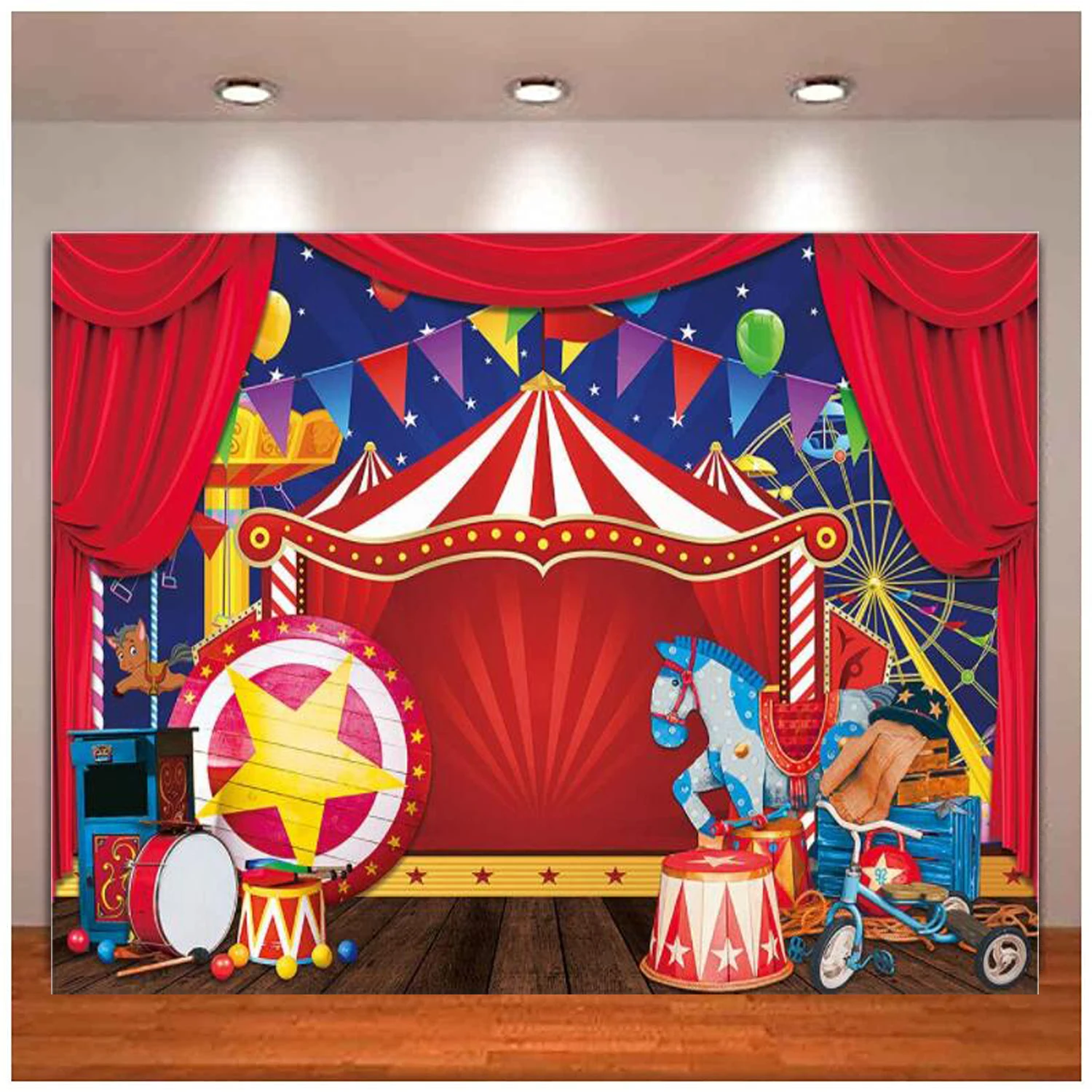 Carnaval Circus Fotografie Achtergrond Jongen Meisje Kinderen Rode Tent Carrousel Verjaardag Baby Shower Feestartikelen Decoratie Achtergrond