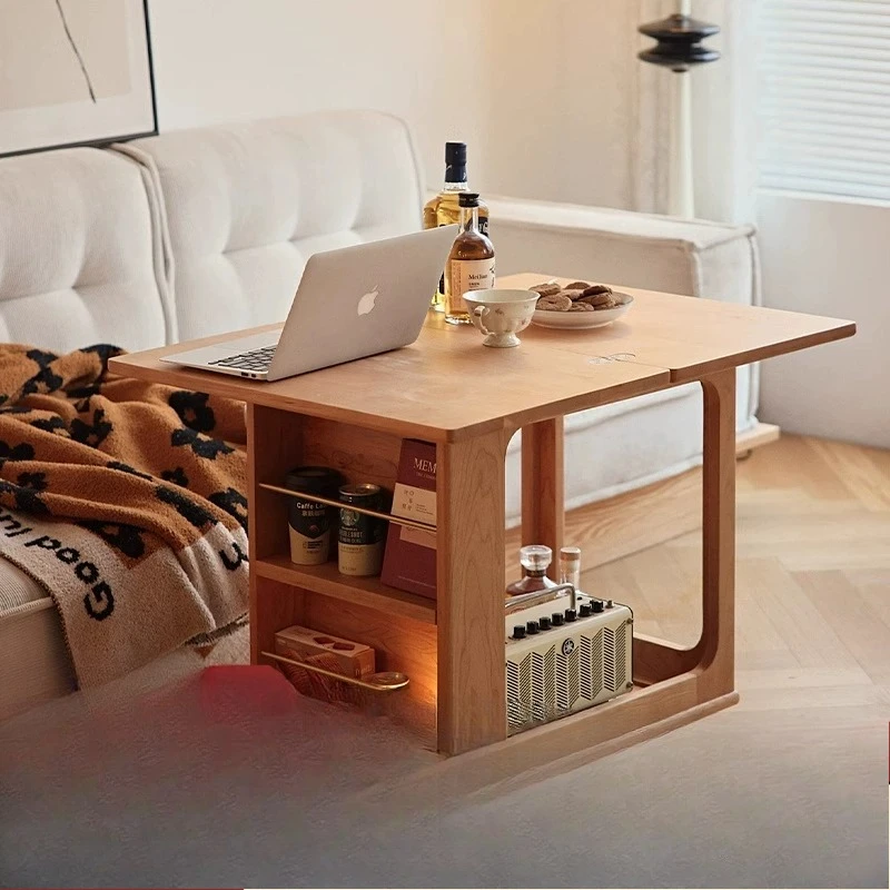 

Nordic solid wood folding coffee table small apartment living room sofa corner few sides cherry wood movable wheeled trolley