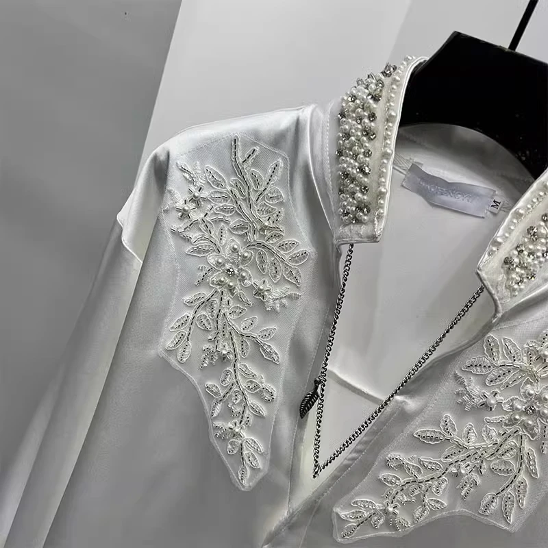 Men's 2025 Spring New Trendy Personality Pearl Rhinestone Stand Collar Top Male Pearl Satin V-neck Shirts Men's Niche Chic Shirt