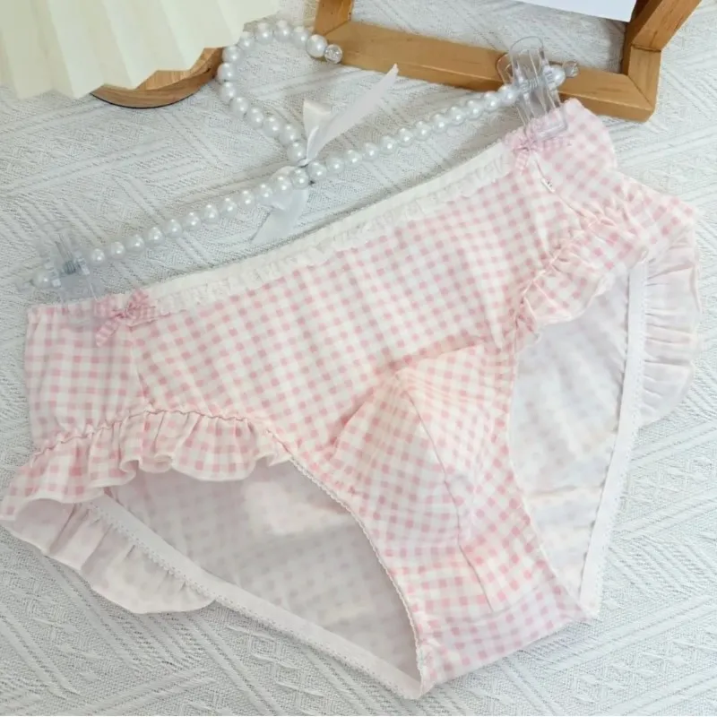 Handmade Man's Pink White Plaid Convex Pouch Briefs Sissy Sweet Ruffle Hem Bow Panties Live Show Dance LGBQT Harajuku Underwear