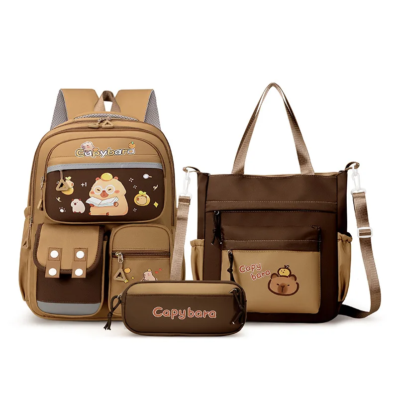 3-Piece Backpack Set Nylon Brown Beige Color Block Large Capacity School Commute Bag Set