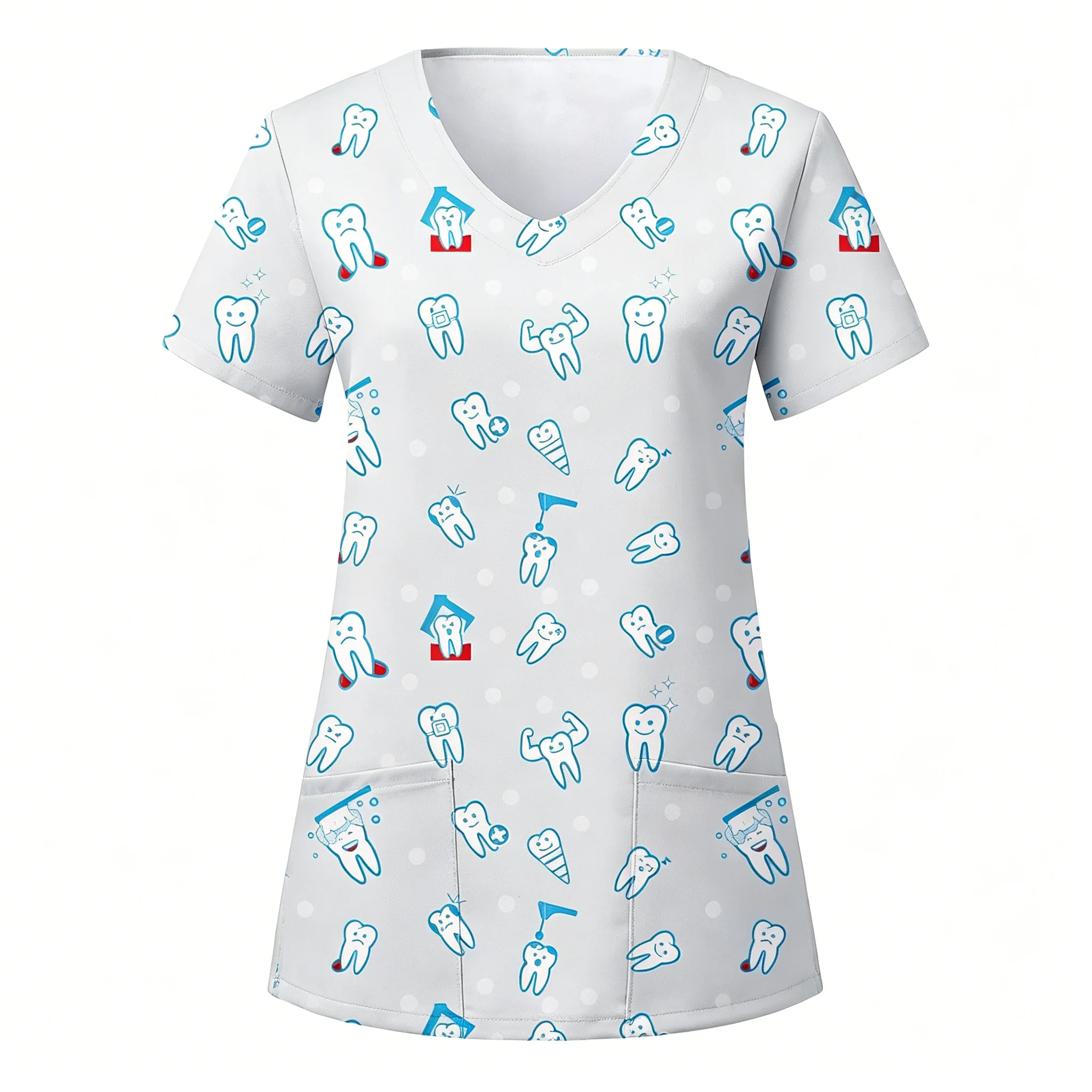 Women's V Neck Short Sleeve Cute Dental Print Scrub Top with Pockets, Ideal for Spring Summer Casual Medical Work Wear