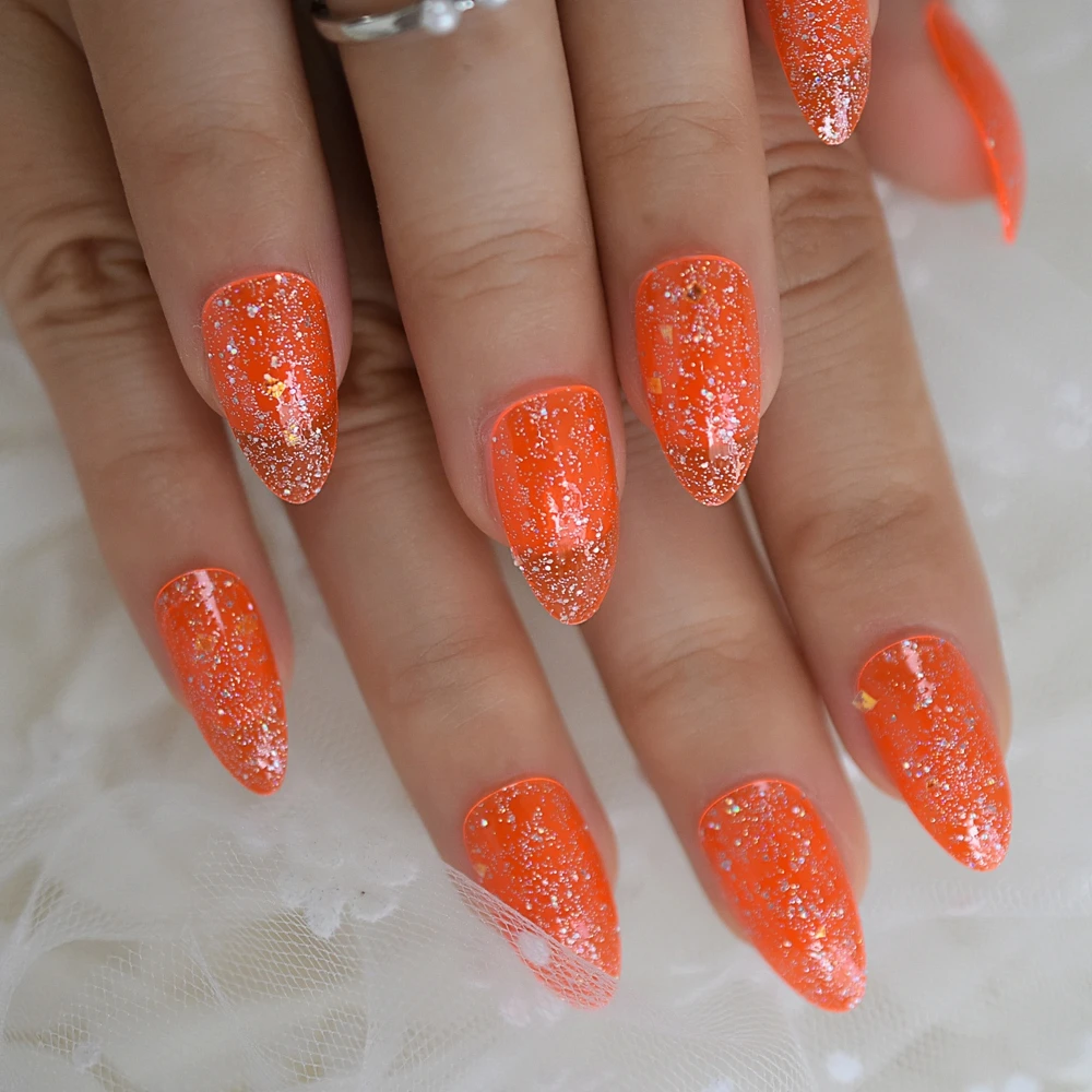 Orange glitzernde Stiletto-Kunstnägel Jelly Neon Medium Press On Fingernägel Transparente Spitzen Full Cover 24