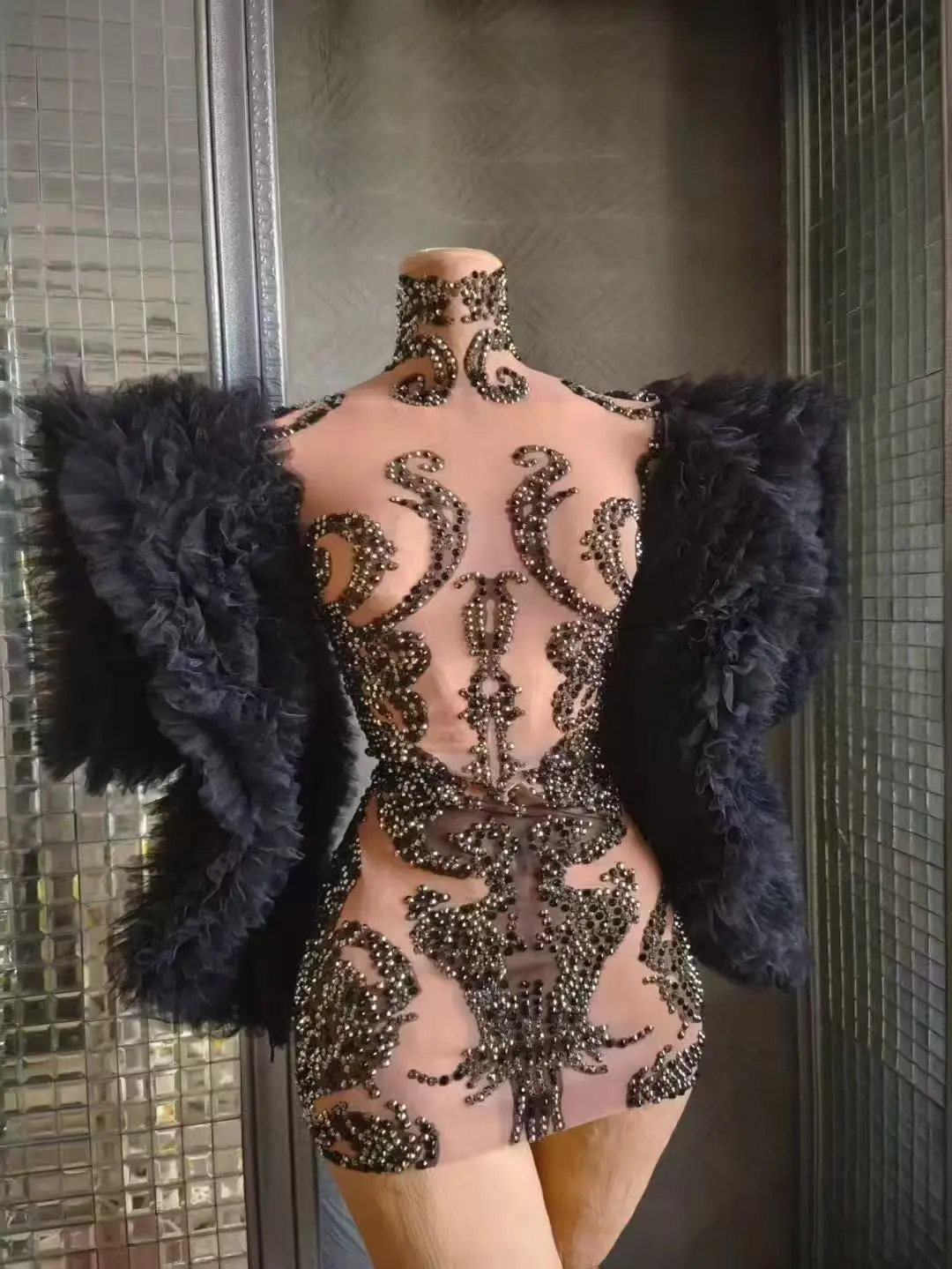 Sparkly Rhinestones Big Sheer Sleeves Short Dress Women Sexy Transparent Birthday Celebrate Evening Dress Photoshoot Stage Wear