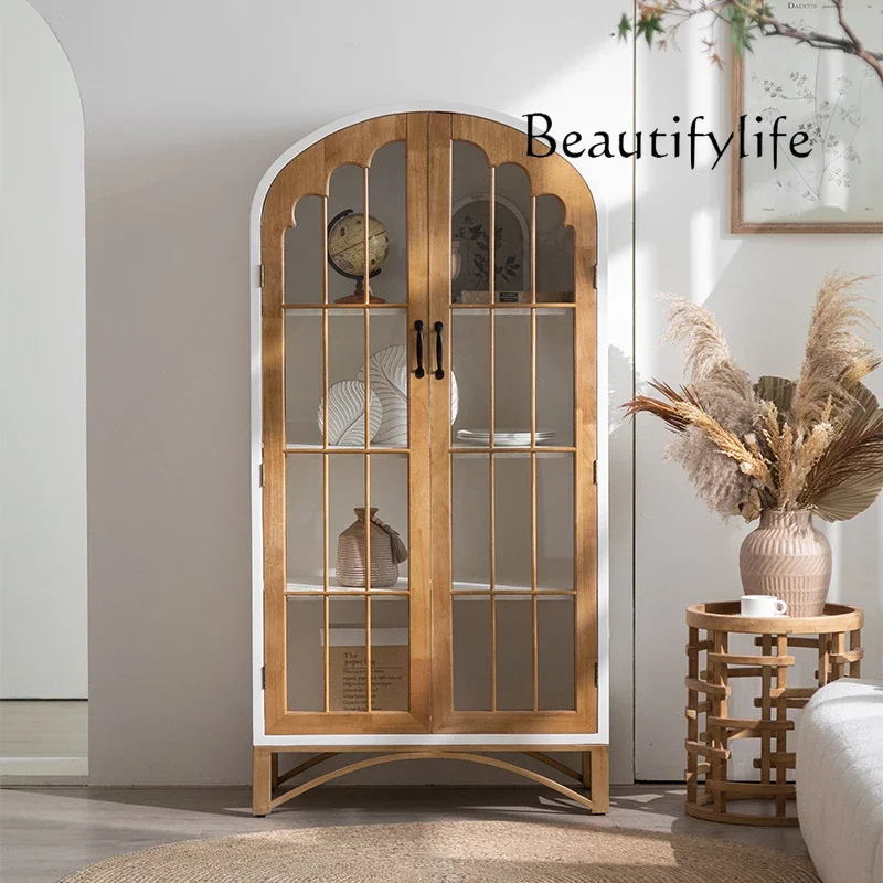 

French medieval solid wood dining side cabinet household living room glass door entrance display cabinet