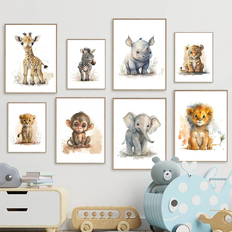 Cute Elephant Lion Giraffe Tiger Zebra Nursery Wall Art Canvas Painting Animal Posters Prints Pictures Baby Kids Room Decor