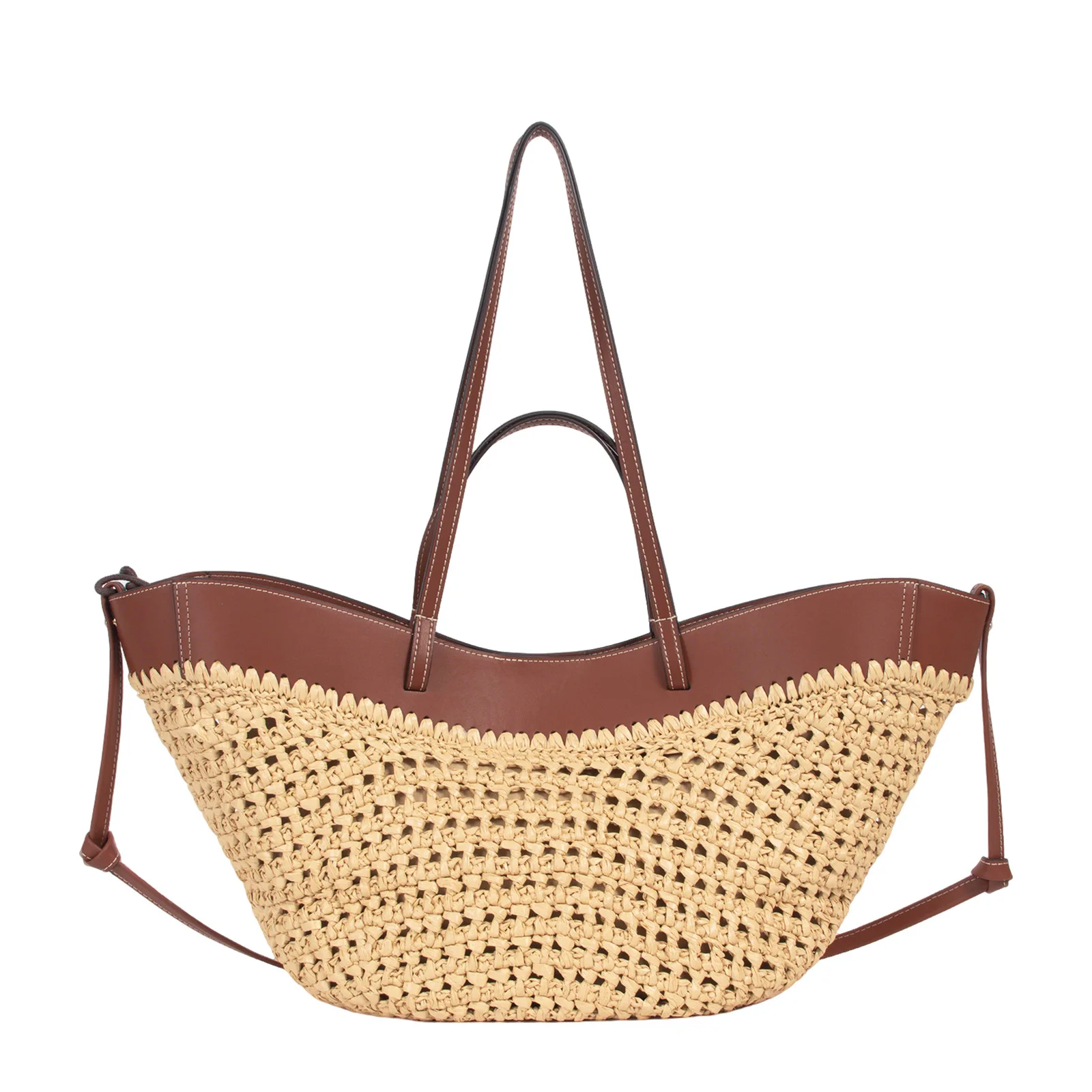 Women's Seaside Vacation Large Capacity Tote Bag Grass Woven Wing Single Shoulder Cowhide Splicing Handbag for Casual Use view 5