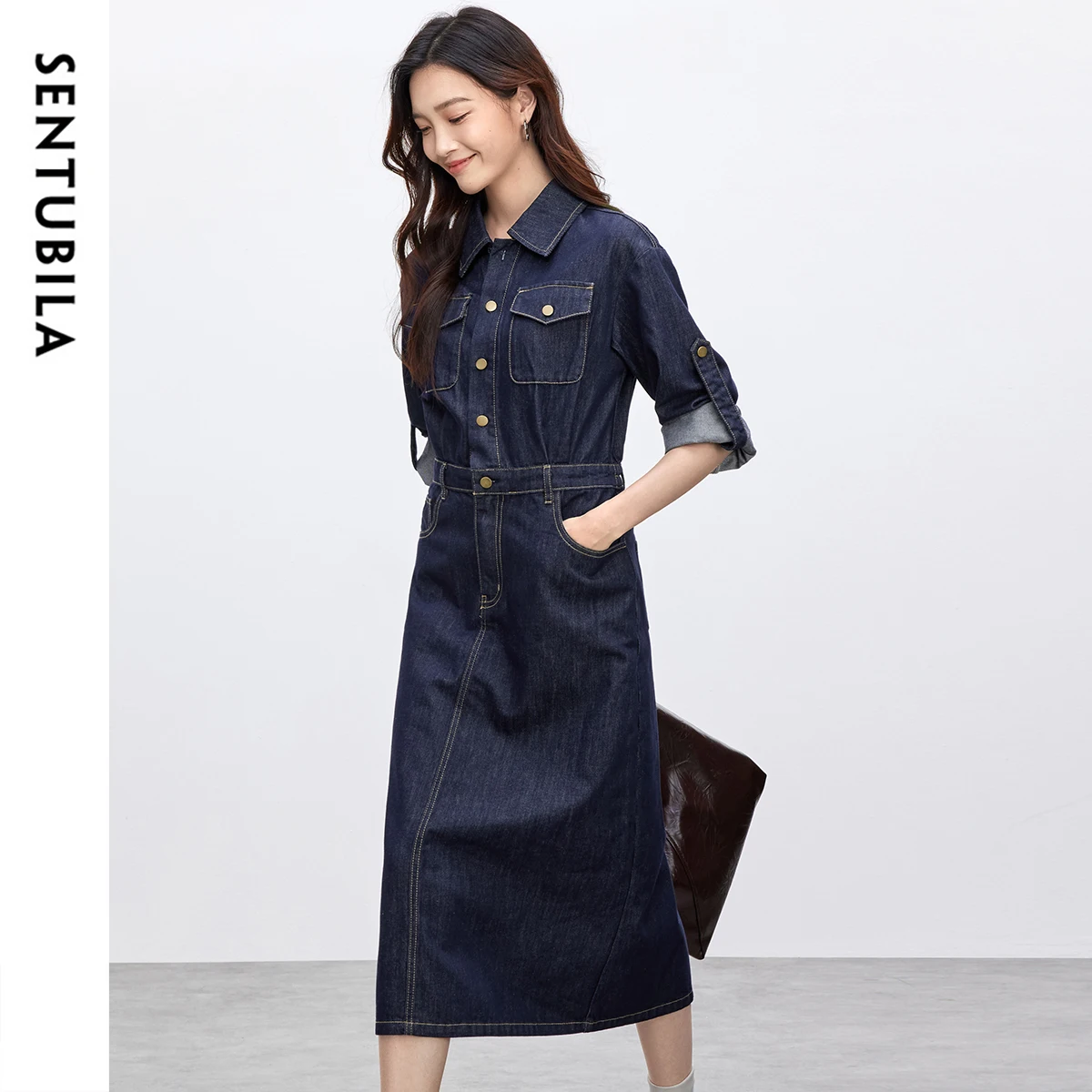 SENTUBILA Abiti in denim per donna 2025 Autunno Colletto rovesciato Tasche con bottoni Abito casual Abiti longuette a maniche lunghe W51L58809
