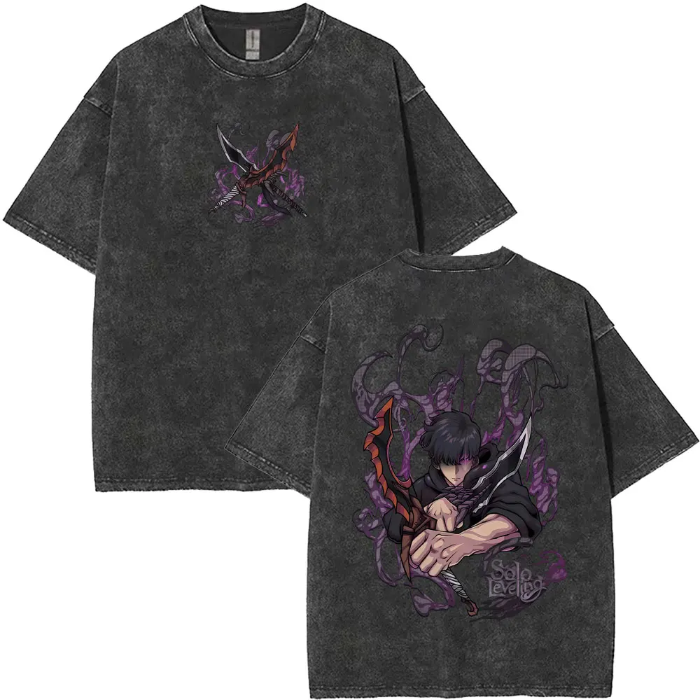 

Hot Sale Anime Solo Leveling Sung Jin Woo Vintage Washed T Shirts Statue of God T-shirt Men Cartoon Casual Oversized Tshirt Tops