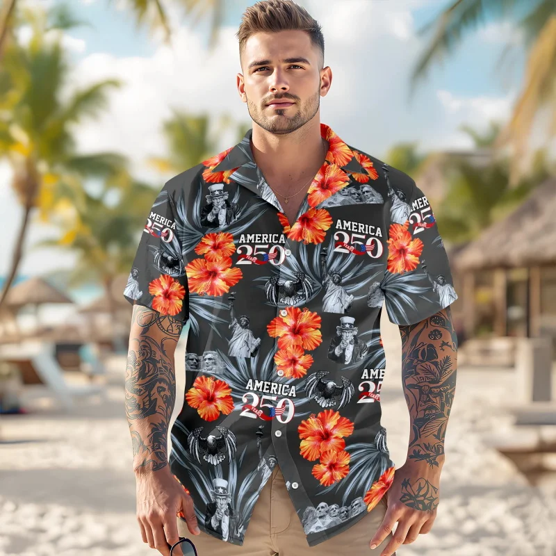 

Мужская гавайская рубашка с принтом гибискуса к 250-летию США, с коротким рукавом, патриотическая американская графическая рубашка на пуговицах