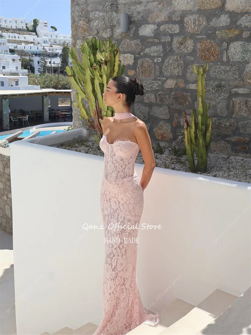 Qanz-vestidos de graduación elegantes con Apliques de encaje, vestido de noche Formal rosa transparente, vestido de fiesta de sirena con escote en forma de corazón personalizado