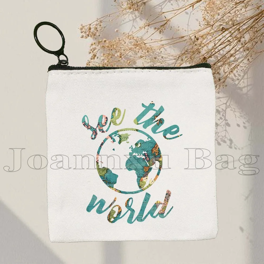 ดูแผนที่โลกสีชมพูความงาม Vintage Travel Plane Fly ผจญภัยชีวิตของขวัญสาวผ้าใบกระเป๋าเหรียญ Key กระเป๋ากระเป๋าสตางค์กระเป๋า