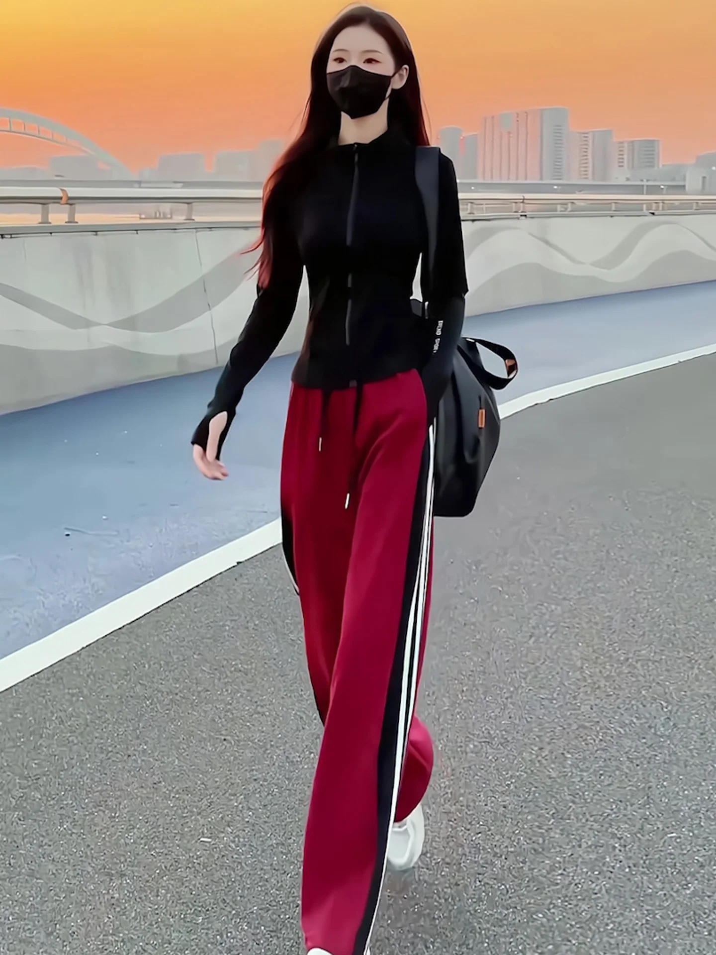 

Women's Outdoor Casual Sportswear Set Slim Fit Wide Leg Pants Red Top And Bottoms Two Piece Suit Autumn Collection