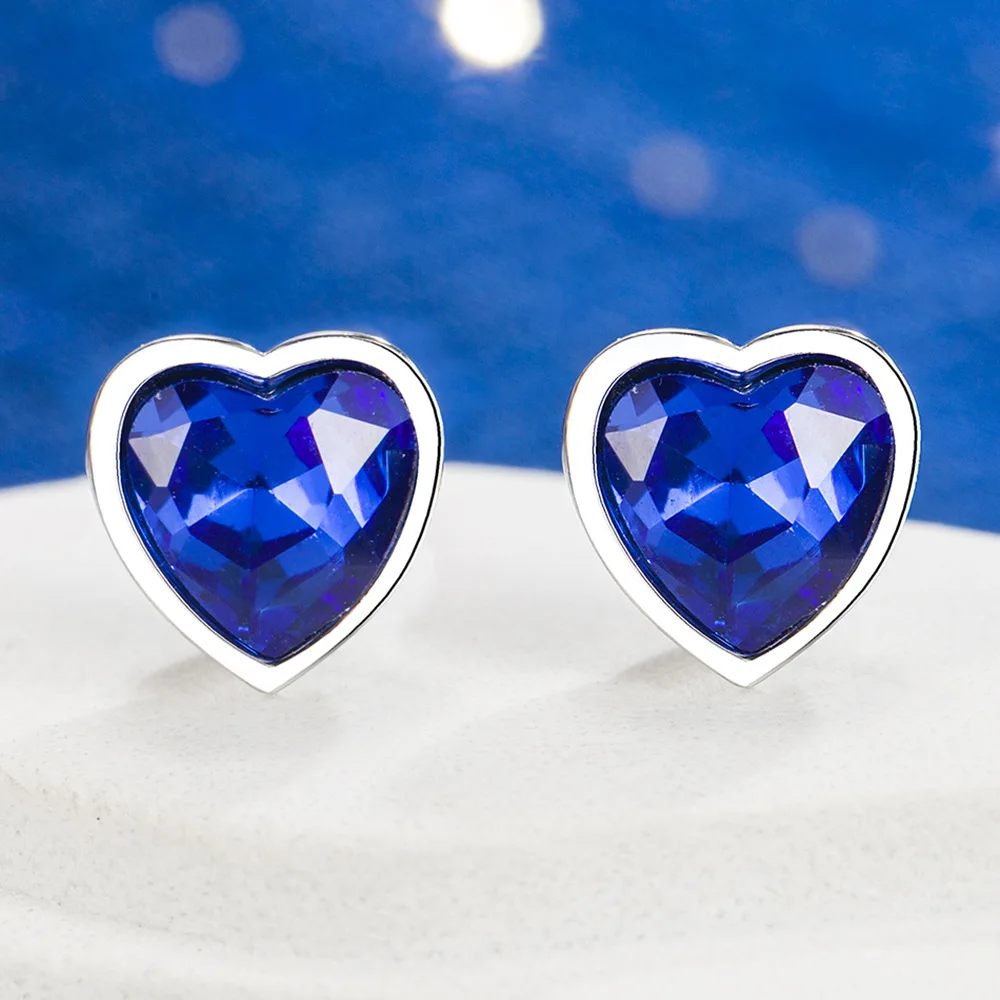 925 Sterling Silver Blue Zircon Heart Stud Earrings For Women Wedding Luxury Vintage Jewelry Accessories Wholesale