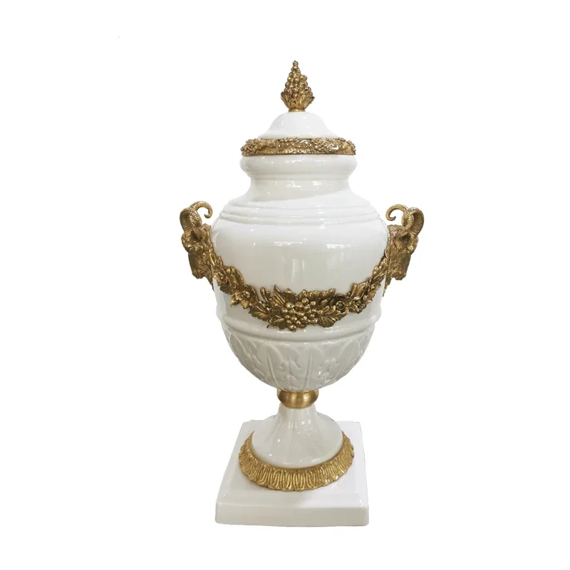 Bronze Floral Pottery Decorative Pot Porcelain, Cover Luxury Antique Chinese White Ceramics, Pot Vase Home Decoration