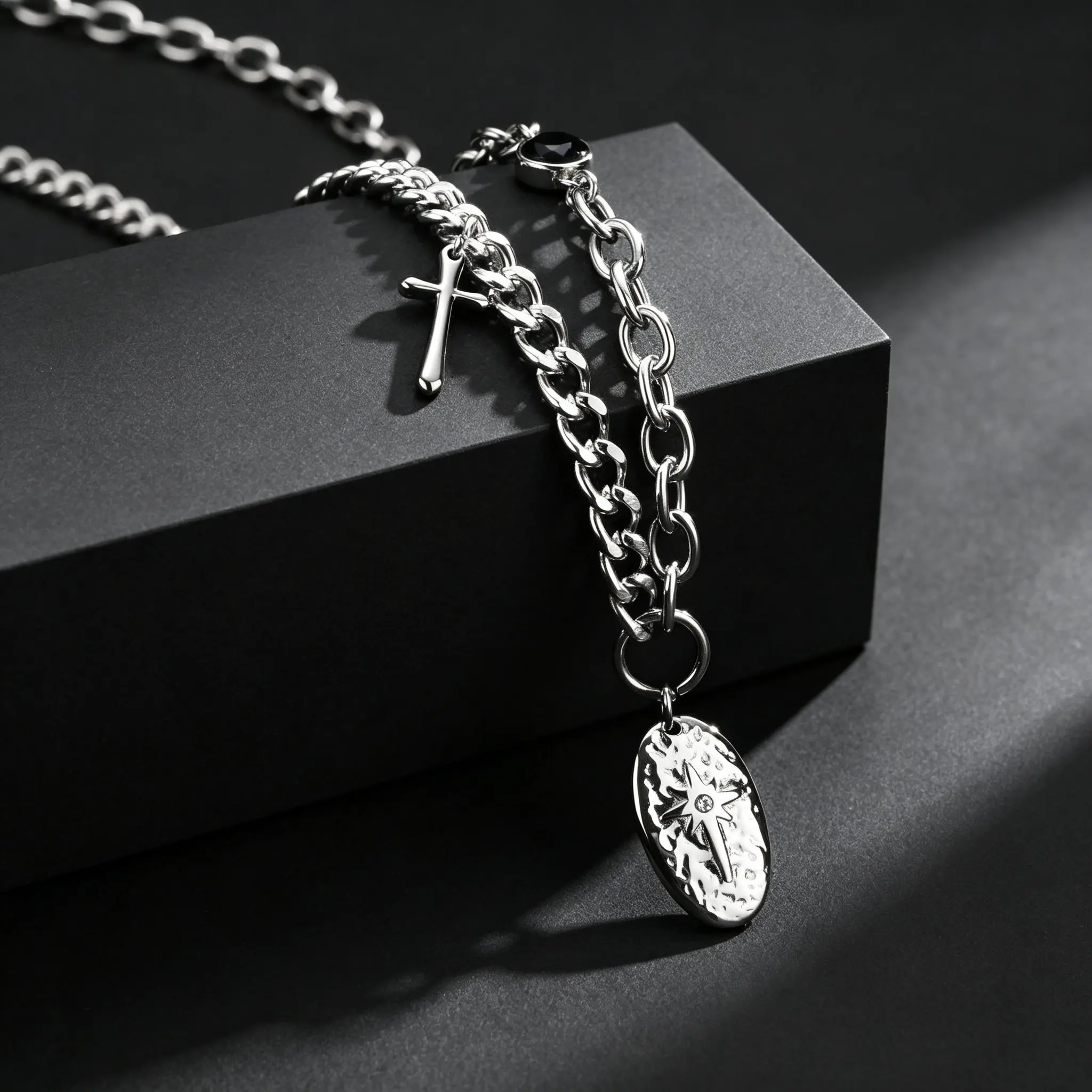 Trendy Eight Point Star Cross Pendant Necklace for Men Stainless Steel Oval Tag Charm Necklace Gothic Punk Jewelry Gifts