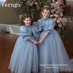 Verngo-vestidos de tul azul para niña, vestido de baile de media manga para boda, fiesta de cumpleaños, banquete, vestidos de princesa personalizados