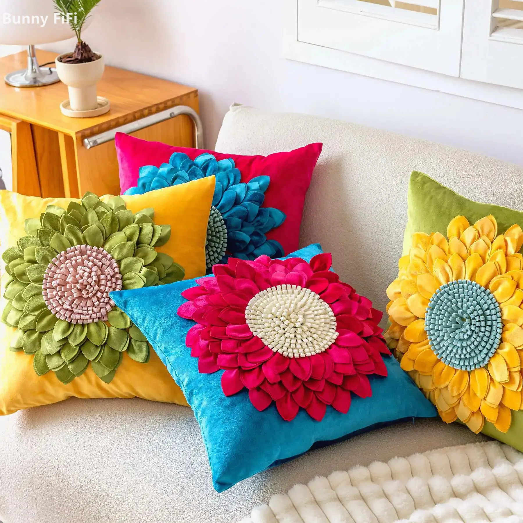 

Чехол для подушки ручной работы с подсолнухом, красочный цветок, 3D цветочный бархат, мягкий 45x45 см для дивана-кровати, украшение дома