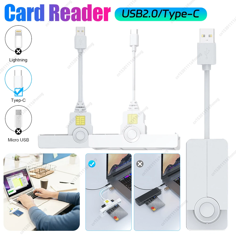

USB2.0/Type-C Bank Chip Card Reader Portable Common Access Card Reader Foldable CAC Reader for Windows/ OS/Android