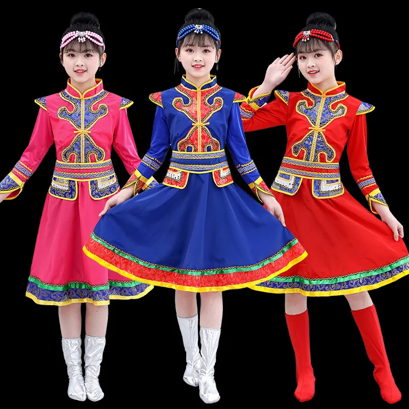 Children's Mongolian Dance Costume Day Minority Performance Stage Suit Girl's Skirt Robe