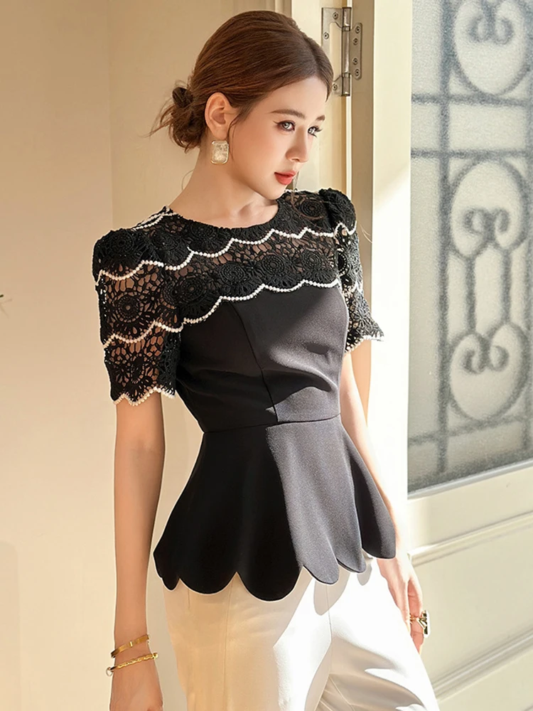 

Women's Clothing Exquisite French Party T-Shirt Female Elegant Sexy Sheer Lace Tops HooK Flower Hollow Ruffle Blouse Daily Wear