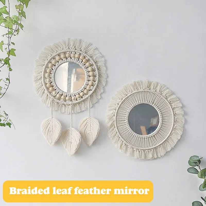 Boho Macrame Fringe Round Decorative Mirror Decorative Mirror With Wood Beads Feather Pendant Decorative Circle Mirror Bohemian