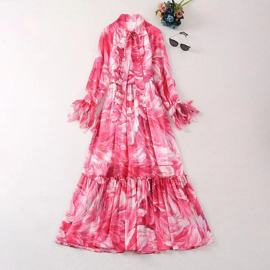 

European and American women's clothes 2024 spring new Long sleeve bow collar flower print pink Fashion pleated dress XXL