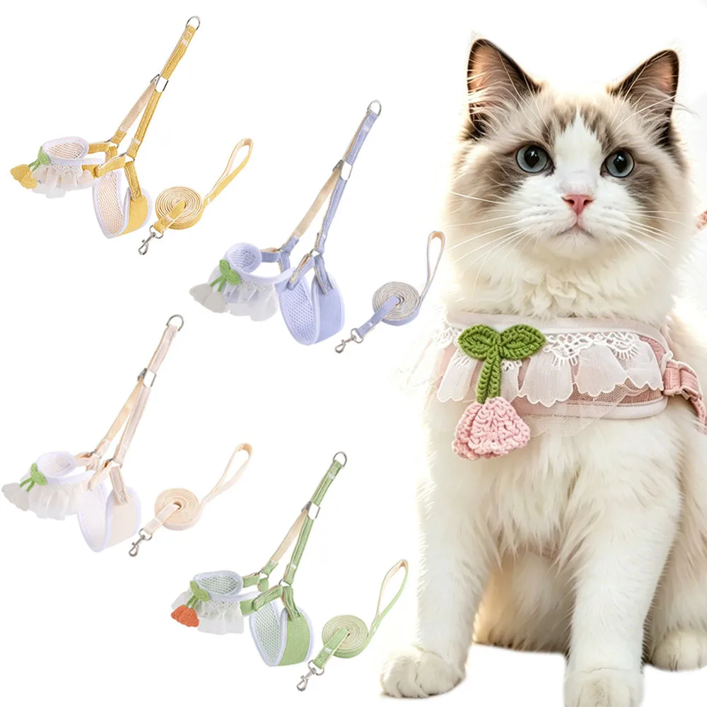 Random 2PCS Cute Kitten And Leash Set, Adjustable Breathable Mesh Cat Harness, Princess Lace Floral Bowknot Pet Harness