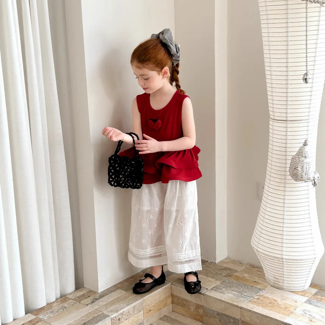 

Pants Children Girl 2025 Summer New Style Solid Cut-out Lace Pleat Embroidered Wide-leg Trousers Breathable Pastorale Fashion