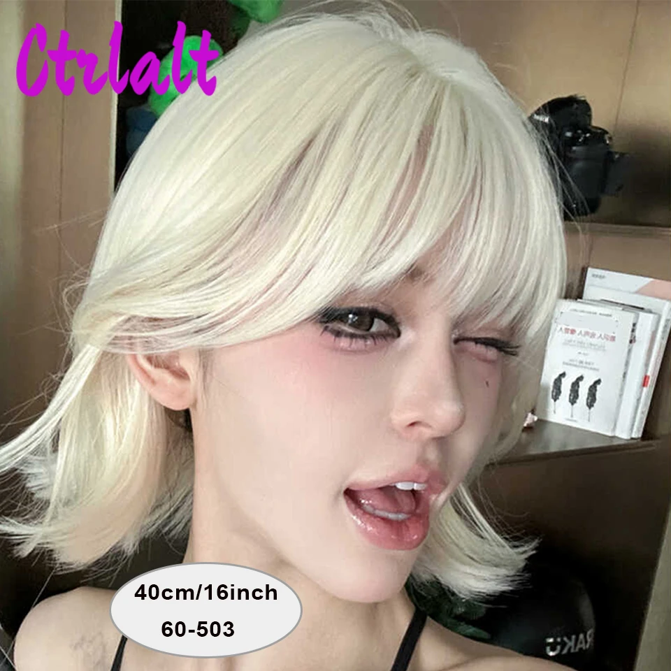 Wig keriting berombak putih wanita cantik pendek sintetis dengan Wig rambut halus Cosplay Lolita poni untuk pesta Halloween