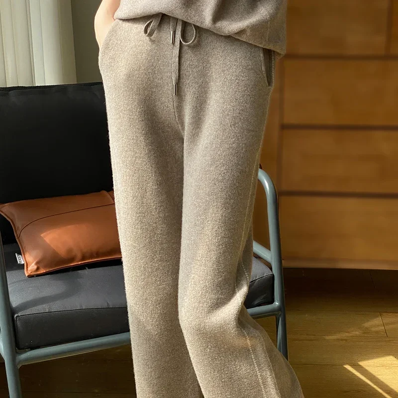 Women's Knitted Wide Leg Pants, Side Dotted, 100% Merino, Pure Wool, Loose, Slim, Casual, All-in-One, Thick Woolen Pants