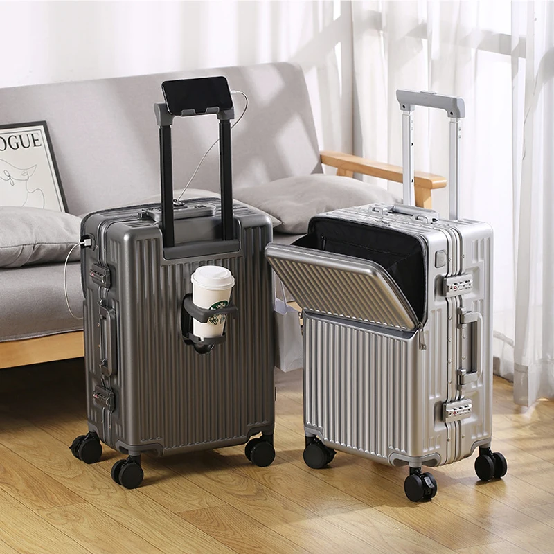 

Чемодан с фронтальным открытием из поликарбоната с алюминиевой рамой, замком TSA, держателем для стакана, портом для зарядки, дорожный чемодан на колесиках 20/24/28/30 дюймов