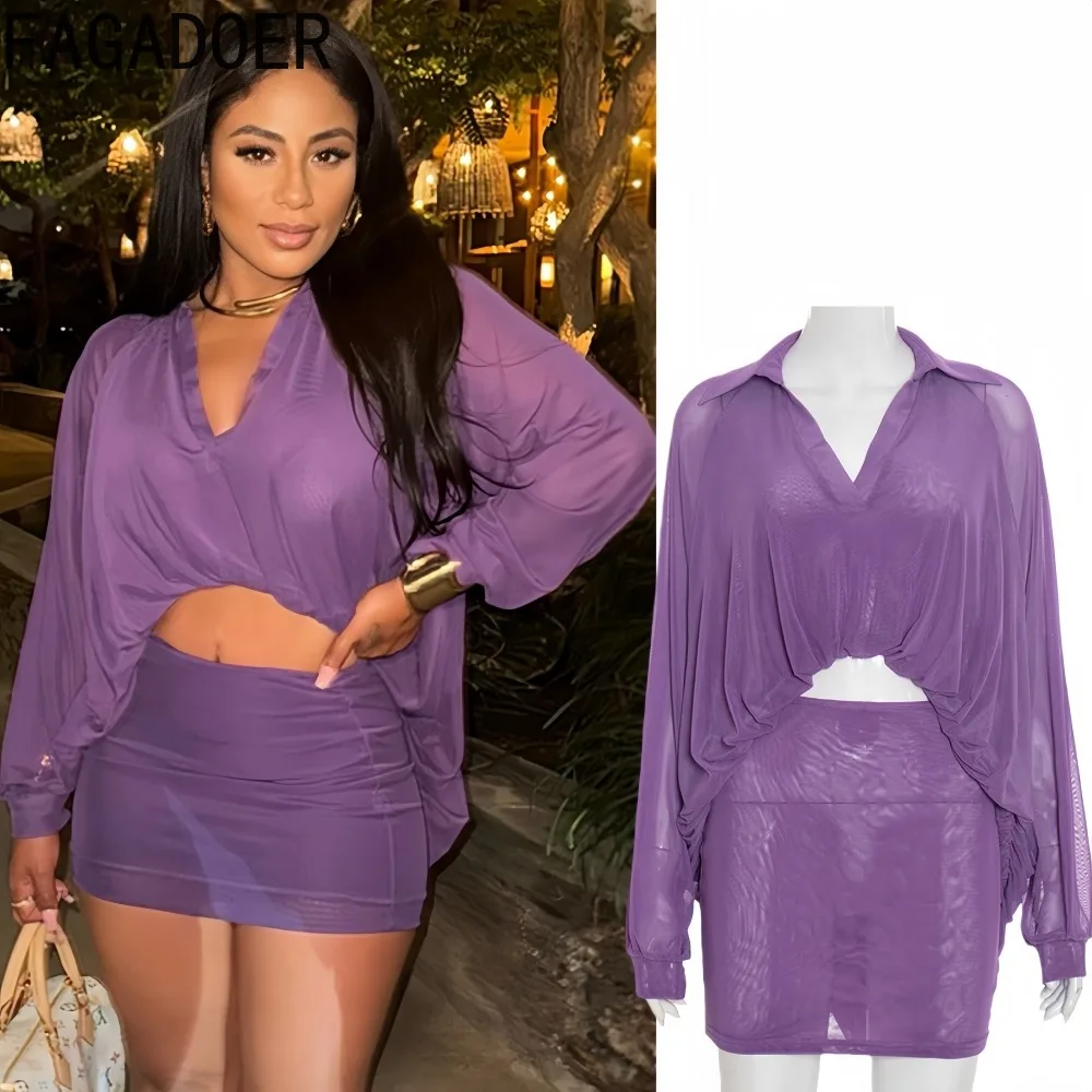 

FAGADOER Sexy Mesh 2 Pieces Set for Woman Outfit Solid Color Ruched Patchwork Crop Top and Skirt Female Streetwear Clothing New